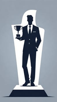 Silhouette of a businessman holding a trophy on a pedestal.Businessman holding a trophy on background. Vector illustration.Businessman on the podium with a trophy .