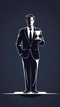 Silhouette of a businessman holding a trophy on a pedestal.Businessman holding a trophy on background. Vector illustration.Businessman on the podium with a trophy .