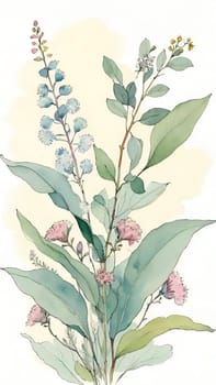 Watercolor illustration of wildflowers and eucalyptus branches.Eucalyptus branch with flowers and leaves. Watercolor floral background with flowers and leaves. Computer drawn illustration.