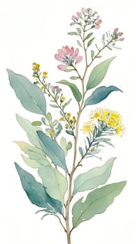 Watercolor illustration of wildflowers and eucalyptus branches.Eucalyptus branch with flowers and leaves. Watercolor floral background with flowers and leaves. Computer drawn illustration.