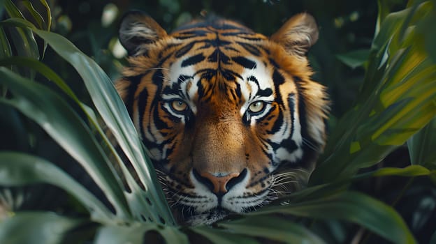 A closeup of a Siberian tigers face peeking out from behind some leaves, showcasing its whiskers and fierce gaze as a top carnivore in the Felidae family