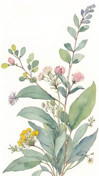 Watercolor illustration of wildflowers and eucalyptus branches.Eucalyptus branch with flowers and leaves. Watercolor floral background with flowers and leaves. Computer drawn illustration.