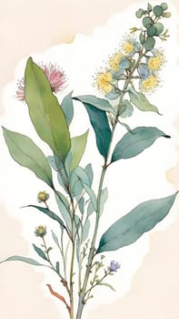 Watercolor illustration of wildflowers and eucalyptus branches.Eucalyptus branch with flowers and leaves. Watercolor floral background with flowers and leaves. Computer drawn illustration.