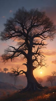 Beautiful tree in the forest at sunset, 3d rendering. Computer digital drawing.Foggy landscape with old oak tree at sunrise in the forest.Beautiful oak tree in the fog at sunset. Nature composition.