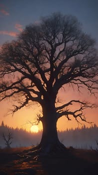 Beautiful tree in the forest at sunset, 3d rendering. Computer digital drawing.Foggy landscape with old oak tree at sunrise in the forest.Beautiful oak tree in the fog at sunset. Nature composition.