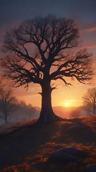 Beautiful tree in the forest at sunset, 3d rendering. Computer digital drawing.Foggy landscape with old oak tree at sunrise in the forest.Beautiful oak tree in the fog at sunset. Nature composition.