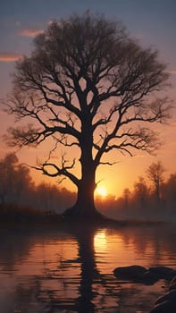 Beautiful tree in the forest at sunset, 3d rendering. Computer digital drawing.Foggy landscape with old oak tree at sunrise in the forest.Beautiful oak tree in the fog at sunset. Nature composition.