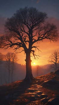 Beautiful tree in the forest at sunset, 3d rendering. Computer digital drawing.Foggy landscape with old oak tree at sunrise in the forest.Beautiful oak tree in the fog at sunset. Nature composition.