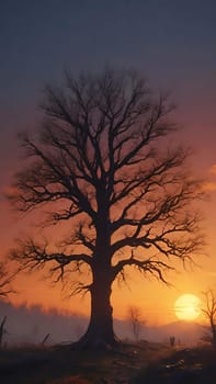 Beautiful tree in the forest at sunset, 3d rendering. Computer digital drawing.Foggy landscape with old oak tree at sunrise in the forest.Beautiful oak tree in the fog at sunset. Nature composition.