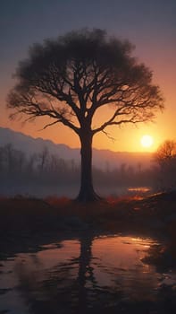 Beautiful tree in the forest at sunset, 3d rendering. Computer digital drawing.Foggy landscape with old oak tree at sunrise in the forest.Beautiful oak tree in the fog at sunset. Nature composition.