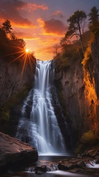 Waterfall at sunset in the mountains. Beautiful natural landscape with beautiful waterfall.Waterfall in the mountains at sunset. Long exposure. Beautiful landscape.