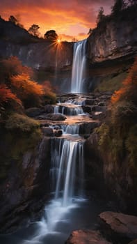 Waterfall at sunset in the mountains. Beautiful natural landscape with beautiful waterfall.Waterfall in the mountains at sunset. Long exposure. Beautiful landscape.