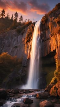 Waterfall at sunset in the mountains. Beautiful natural landscape with beautiful waterfall.Waterfall in the mountains at sunset. Long exposure. Beautiful landscape.