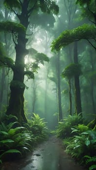 rainforest and tropical climate landscape with rain effect