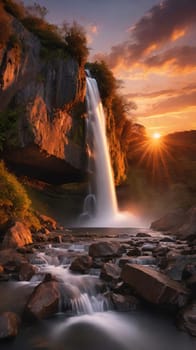 Waterfall at sunset in the mountains. Beautiful natural landscape with beautiful waterfall.Waterfall in the mountains at sunset. Long exposure. Beautiful landscape.