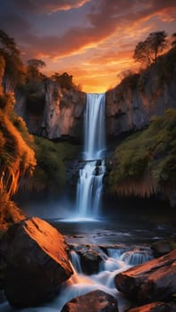 Waterfall at sunset in the mountains. Beautiful natural landscape with beautiful waterfall.Waterfall in the mountains at sunset. Long exposure. Beautiful landscape.