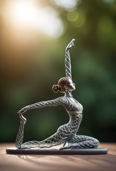 Woman in yoga pose, bent wire figure on nature backdrop, Creative figures symbol of tranquility, art and serenity intersection