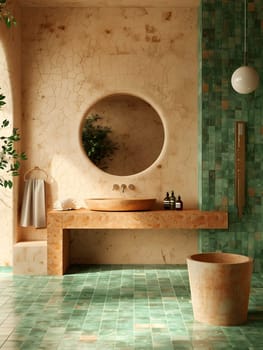 A buildings bathroom with a sink, mirror, and green tiles. The interior design features hardwood flooring, a wooden table, and a plant