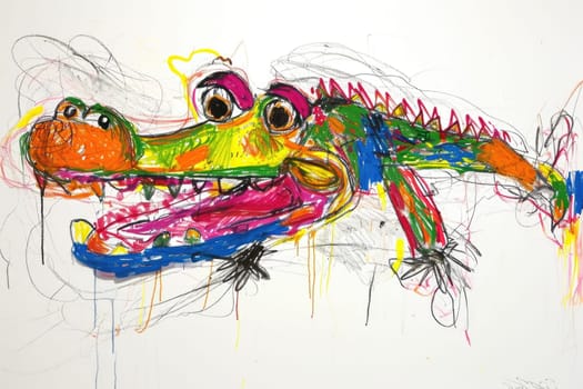 The hand drawing colourful picture of the single alligator or the crocodile that has been drawn by the colored pencil or the crayon on the white background that seem to be drawn by the child. AIGX01.