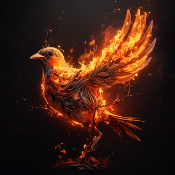 Phoenix Bird Made out of Fire Flames as Feathers Illustration. Fire Bird on Black Background.