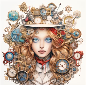 Alice in Wonderland in Steampunk Style Illustration. Portrait of a Girl in Abstract Hat.