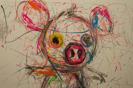 The hand drawing colourful picture of the pig that has been drawn by the colored pencil, crayon or chalk on the white blank background that seem to be drawn by the child that willing to draw. AIGX01.