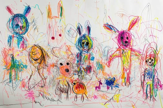 The hand drawing colourful picture of the group of the various type of the animal that has been drawn by the colored pencil or chalk on the white background that seem to be drawn by the child. AIGX01.