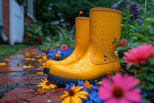 Yellow boots are standing in the summer garden after the rain.