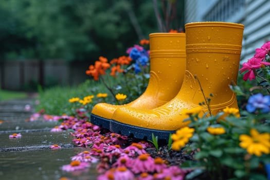 Yellow boots are standing in the summer garden after the rain.