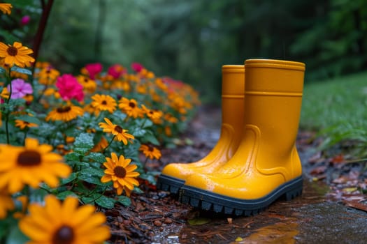 Yellow boots are standing in the summer garden after the rain.