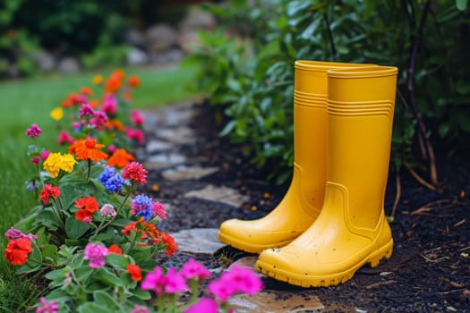 Yellow boots are standing in the summer garden after the rain.