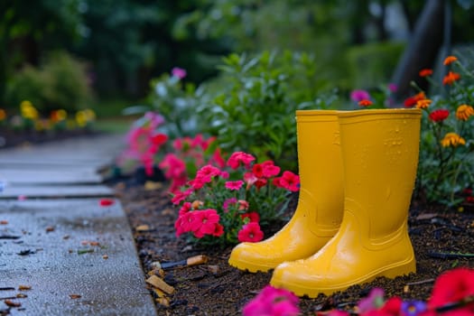 Yellow boots are standing in the summer garden after the rain.