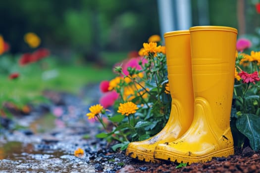 Yellow boots are standing in the summer garden after the rain.