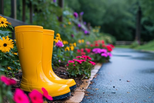 Yellow boots are standing in the summer garden after the rain.