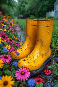 Yellow boots are standing in the summer garden after the rain.