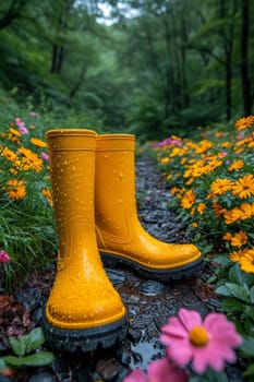 Yellow boots are standing in the summer garden after the rain.