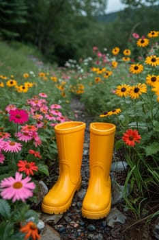 Yellow boots are standing in the summer garden after the rain.