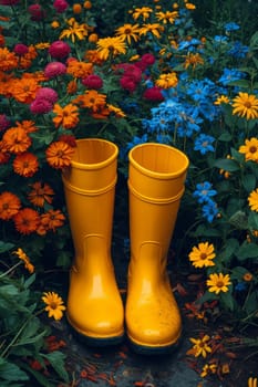 Yellow boots are standing in the summer garden after the rain.