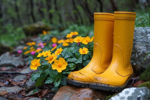 Yellow boots are standing in the summer garden after the rain.