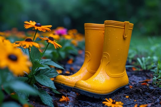 Yellow boots are standing in the summer garden after the rain.