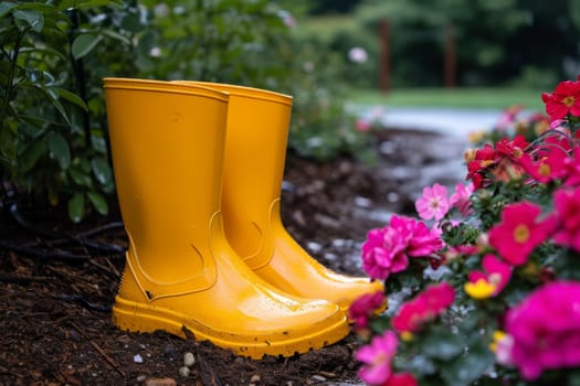 Yellow boots are standing in the summer garden after the rain.