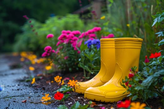 Yellow boots are standing in the summer garden after the rain.