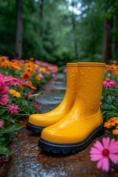 Yellow boots are standing in the summer garden after the rain.