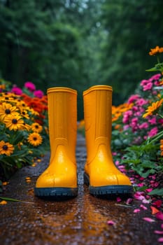 Yellow boots are standing in the summer garden after the rain.