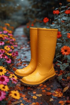 Yellow boots are standing in the summer garden after the rain.