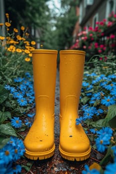 Yellow boots are standing in the summer garden after the rain.