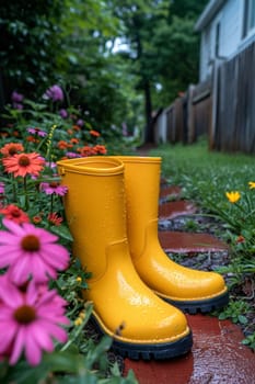 Yellow boots are standing in the summer garden after the rain.