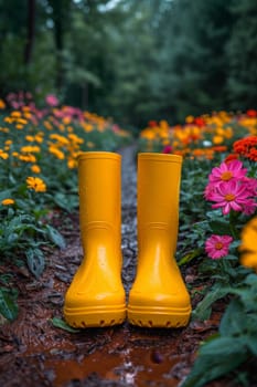 Yellow boots are standing in the summer garden after the rain.