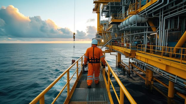 A man travels across the water, on a bridge connecting the oil rig to the boat, under a sky filled with clouds and naval architecture. AIG41