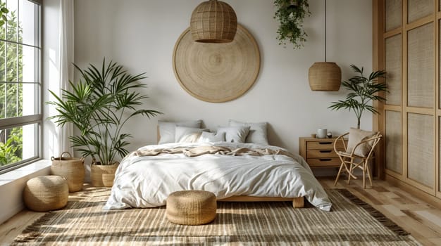 inviting bohemian-style bedroom features abundant natural light, a variety of plants, and a selection of woven and wooden decor, creating a serene and earthy ambiance - Generative AI